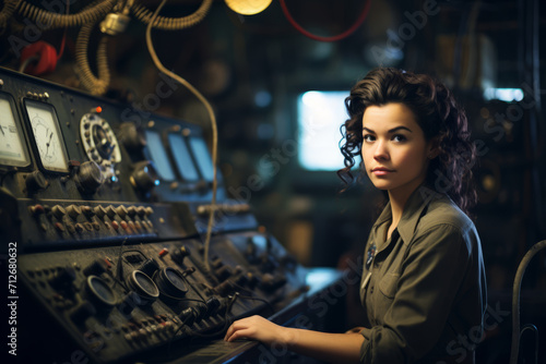 A Vintage Portrait of a Dedicated Female Radio Operator, Engrossed in Her Work Amidst a Room Filled with Retro Broadcasting Equipment and Flickering Lights