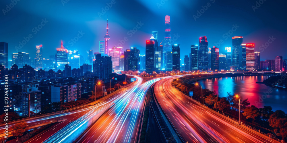 Fototapeta premium Stadt und Autobahn bei Nacht