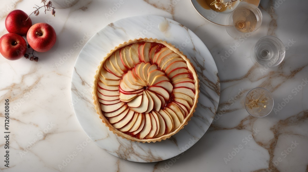 Obraz premium a sliced apple tart elegantly presented on a marble countertop, designed with a minimalist modern style composition or scene.