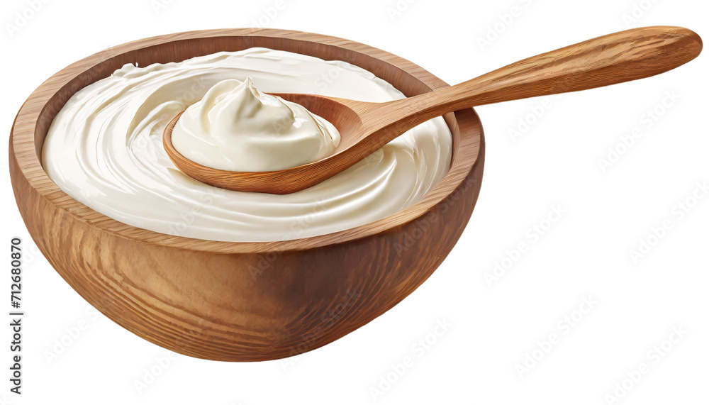 Sour cream in wooden bowl with spoon Sour cream in wooden bowl with spoon