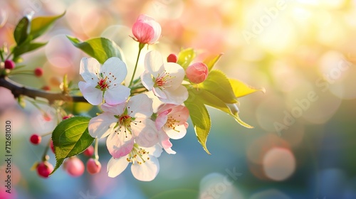 Beautiful wallpaper with spring branches with sunny flowers. Nature background with colorful flowers in sunny spring day.