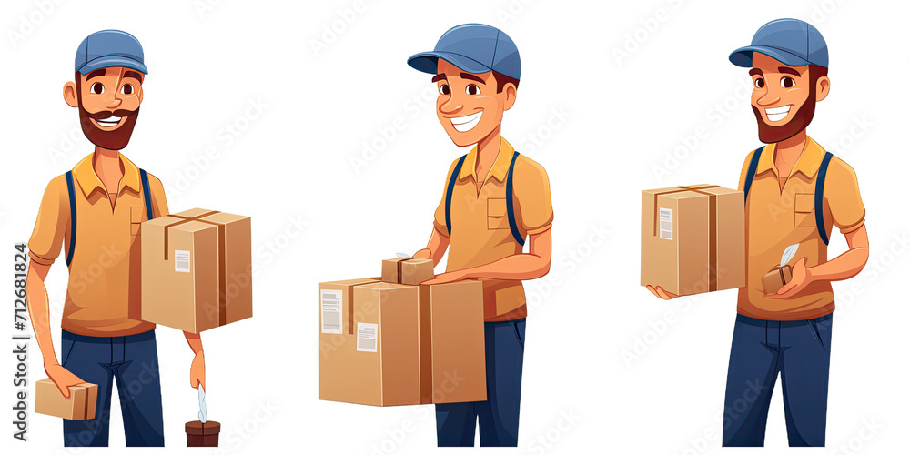 A smiling parcel delivery person, different versions, isolated A smiling parcel delivery person, different versions, isolated