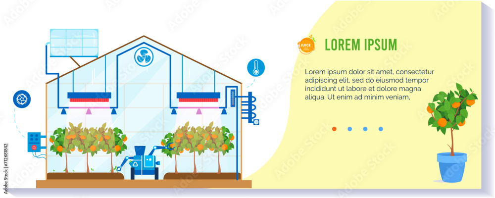 Smart greenhouse interior with automated irrigation system, plants in beds, sensors, water tank, vector illustration. Modern agriculture technology, hydroponics, sustainable farming vector