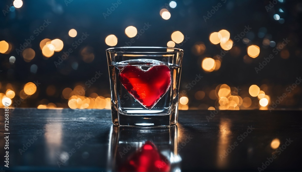 Heart-shaped ice cube in water glass on table against a dimly lit room with background lights - obrazy, fototapety, plakaty 
