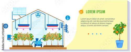 Smart greenhouse interior with automated irrigation system, plants in beds, sensors, water tank, vector illustration. Modern agriculture technology, hydroponics, sustainable farming vector