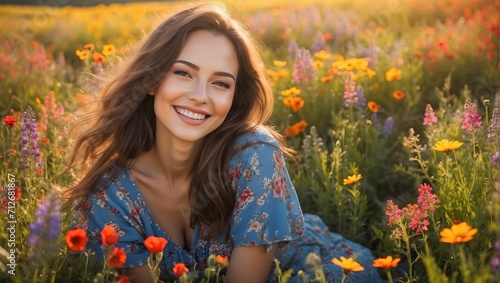A joyful woman with a radiant smile, surrounded by a field of colorful wildflowers, basking in the warm glow of the sun. generative AI