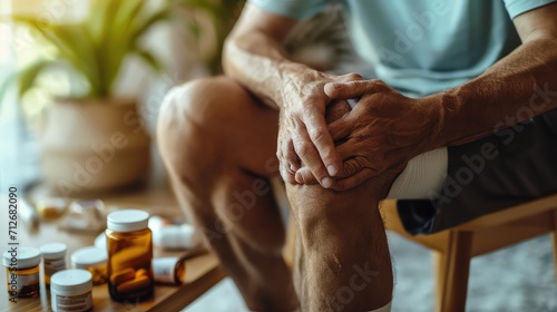 man suffering from knee joint pain in living room on sofa, bone pain in elderly people at home, holding hand on knee pain after tendon surgery photo