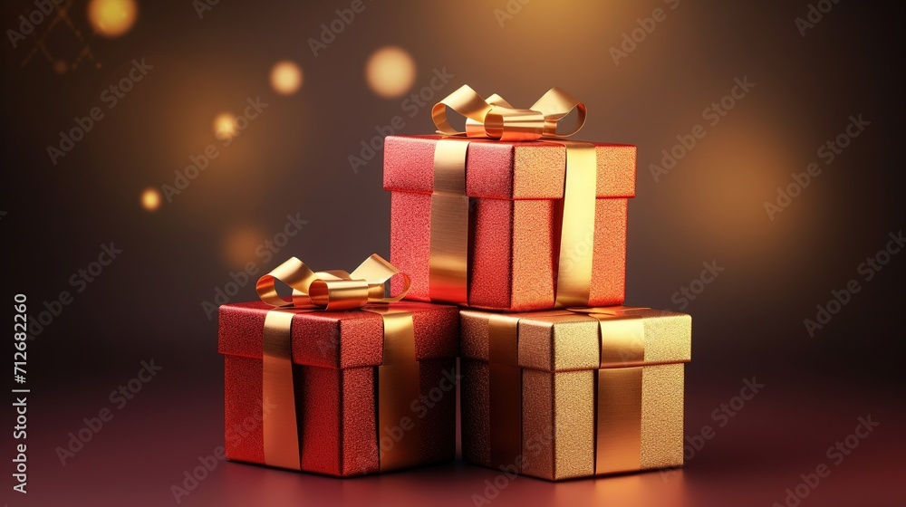 red and gold gift boxes on a background of golden lights in out of focus, concept for birthday, valentine's day, christmas, sales