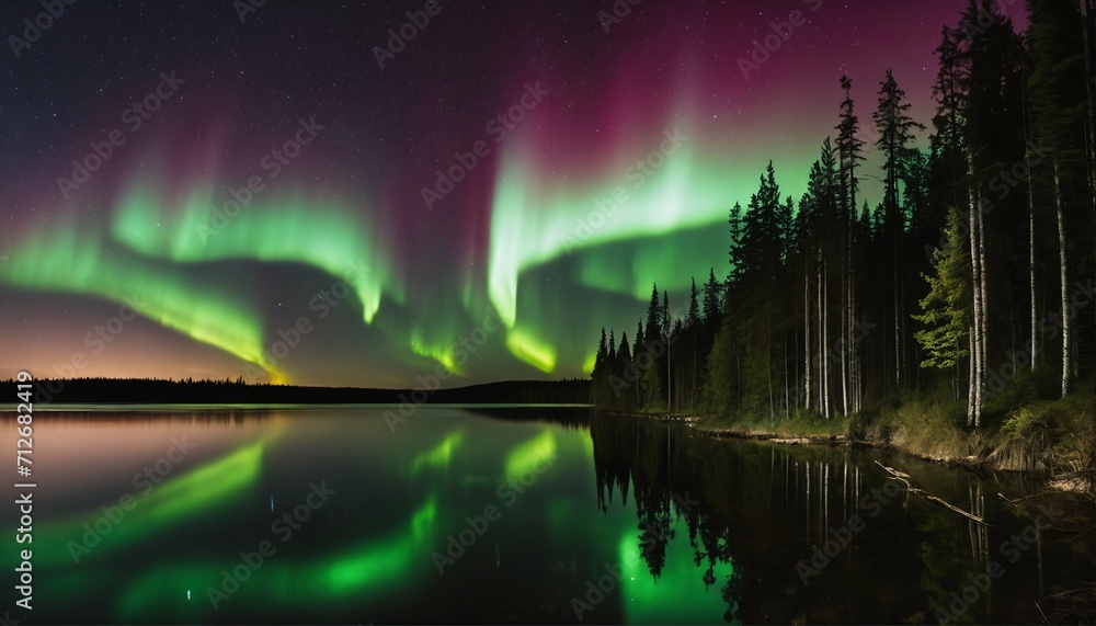 Stunning aurora borealis display over a lake with a lush forest backdrop