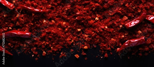 Red pepper flakes, crushed and seen from above.