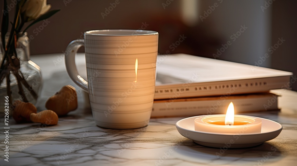 a cup of tea on a marble table, accompanied by an open book and burning scented candles, designed with a minimalist modern style composition or scene. a cup of tea on a marble table, accompanied by an open book and burning scented candles, designed with a minimalist modern style composition or scene.