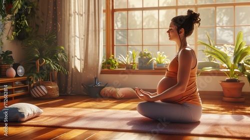 Pregnant woman sitting on yoga mat at home, space for text and signature
