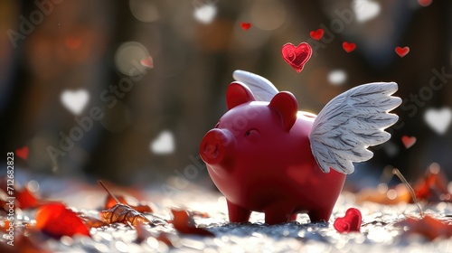 Red piggy bank with white angel wings in the shape of a pig, on a solid red background. Heart shaped confetti flies in the air photo
