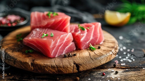 Close up of fresh raw tuna fillet steak and sashimi on wooden board background, delicious food for dinner photo