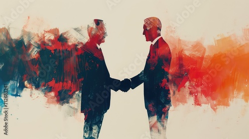 two silhouetted figures shaking hands against a backdrop of bright and abstract watercolor splashes. The contrast between dark silhouettes and bright colors creates a dynamic and energetic mood photo