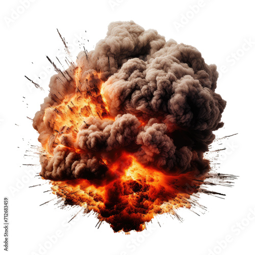massive explosive with fire and smoke, portrait, isolated 