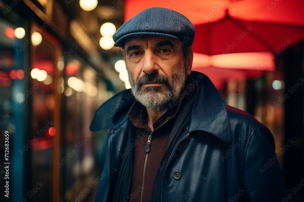 Portrait of an old man in a hat and a leather jacket on a city street. Portrait of an old man in a hat and a leather jacket on a city street.