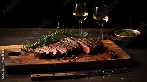 sliced grilled cooked beef steak medium rare on a wooden board, including a vintage fork, glass of wine and gourmet herbs and spices to complement the culinary aesthetic.