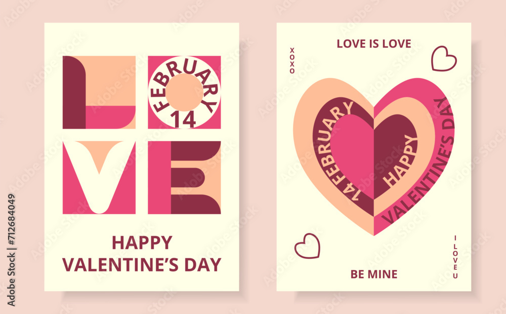 Two cards of abstract shapes and text. Creative concept of Happy Valentine's Day. Heart and Love in geometric form. Trendy design for card or poster, advertising, sales, branding. Two cards of abstract shapes and text. Creative concept of Happy Valentine's Day. Heart and Love in geometric form. Trendy design for card or poster, advertising, sales, branding.