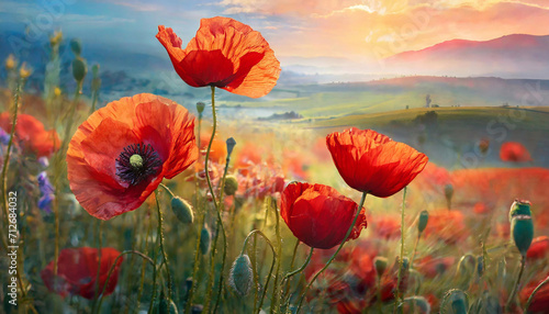 Fototapeta Impresyjny obraz, górzysty krajobraz z kwiatami czerwonych maków
