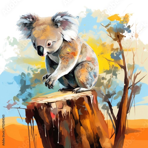 watercolor Koala sitting on wood