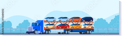 Fototapeta Naklejka Na Ścianę i Meble -  Blue car carrier truck transporting vehicles on highway. Auto transport service, car delivery by road vector illustration.