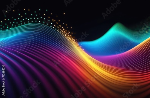 A wave of bright multicolored blue, red, and yellow particles. Visualization of sound and music.