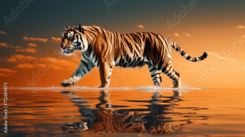 the majestic Amur tiger walking on water  presenting a minimalist modern style composition or scene.