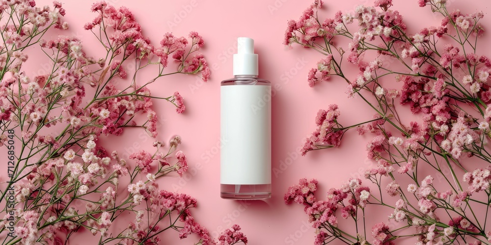 Blank cosmetic bottle on water surface next to flowers, top view shot Blank cosmetic bottle on water surface next to flowers, top view shot