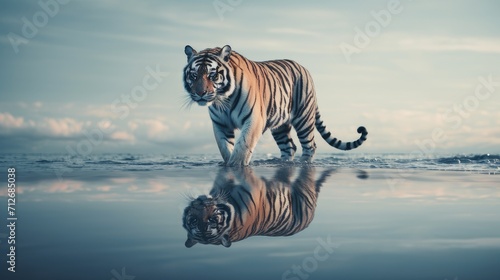 the majestic Amur tiger walking on water  presenting a minimalist modern style composition or scene.