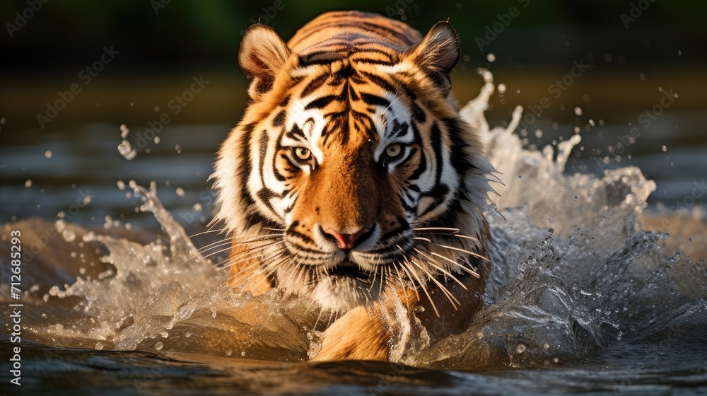 the majestic Amur tiger walking on water, presenting a minimalist modern style composition or scene.