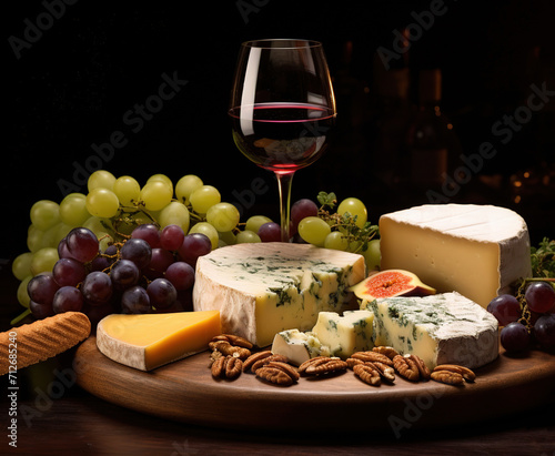 A cheese platter with grapes, nuts and wine