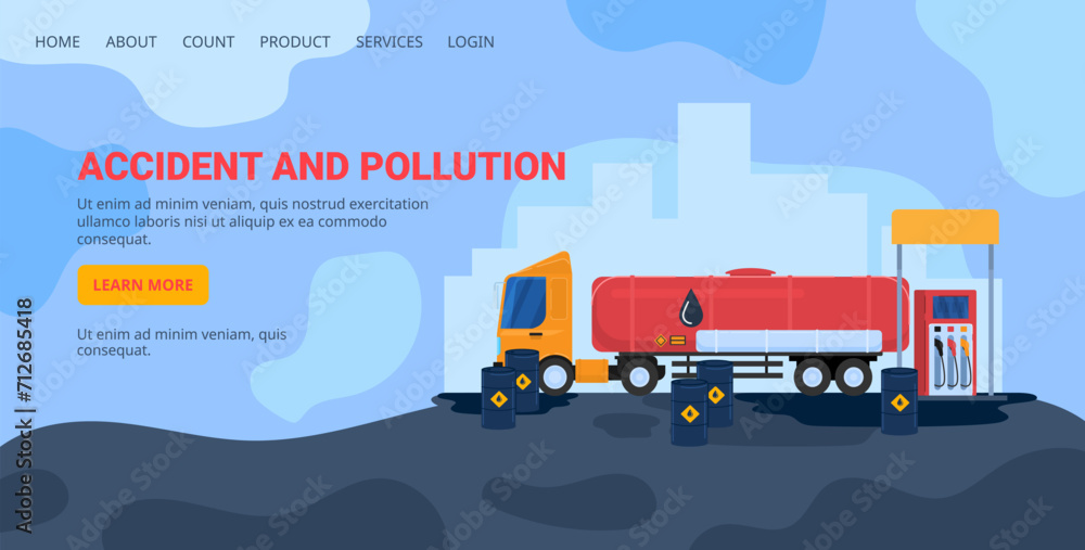 Fuel truck accident at gas station with oil spill. Environmental hazard