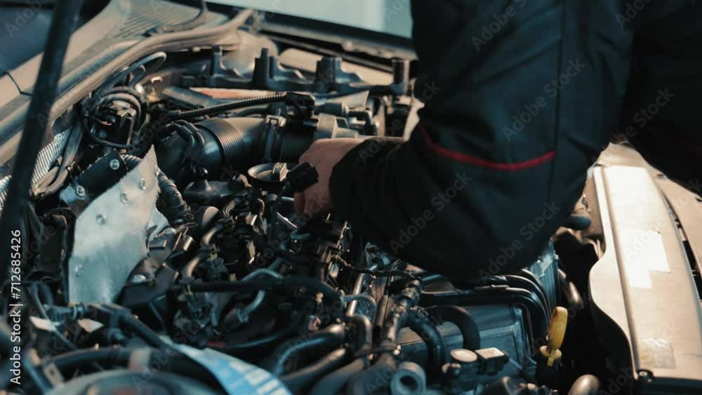 Engine Mechanic Adjusting Car Part, Focused Technician at Work. A skilled engine mechanic adjusts a car part with a spanner, showcasing precision and focus in a professional automotive workshop. Engine Mechanic Adjusting Car Part, Focused Technician at Work. A skilled engine mechanic adjusts a car part with a spanner, showcasing precision and focus in a professional automotive workshop.