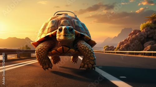 Turtle rides a skateboard along a coastal road with the sun setting in the background © Creative Canvas