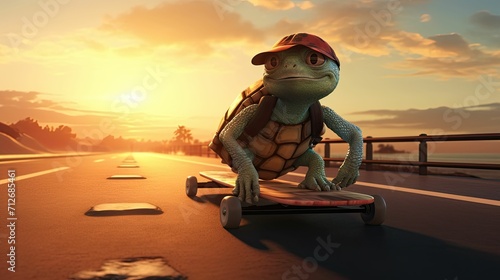 Turtle rides a skateboard along a coastal road with the sun setting in the background