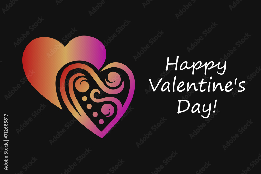 Dark black Happy Valentine's Day card background with two joined hearts ornament.