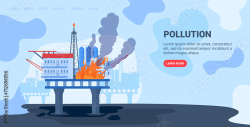 Offshore oil rig on fire with smoke and pollution spill into ocean. Environmental disaster and industry accident vector illustration.