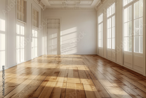 Leerer Raum aus weißem Beton mit Holzböden © Fatih
