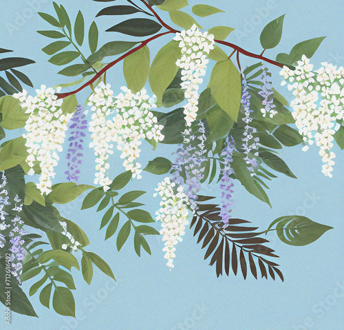 Blossom in spring on the blue background. Template with flowers. White wisteria. Vintage backdrop. Card design. Beautiful background with empty copy space.