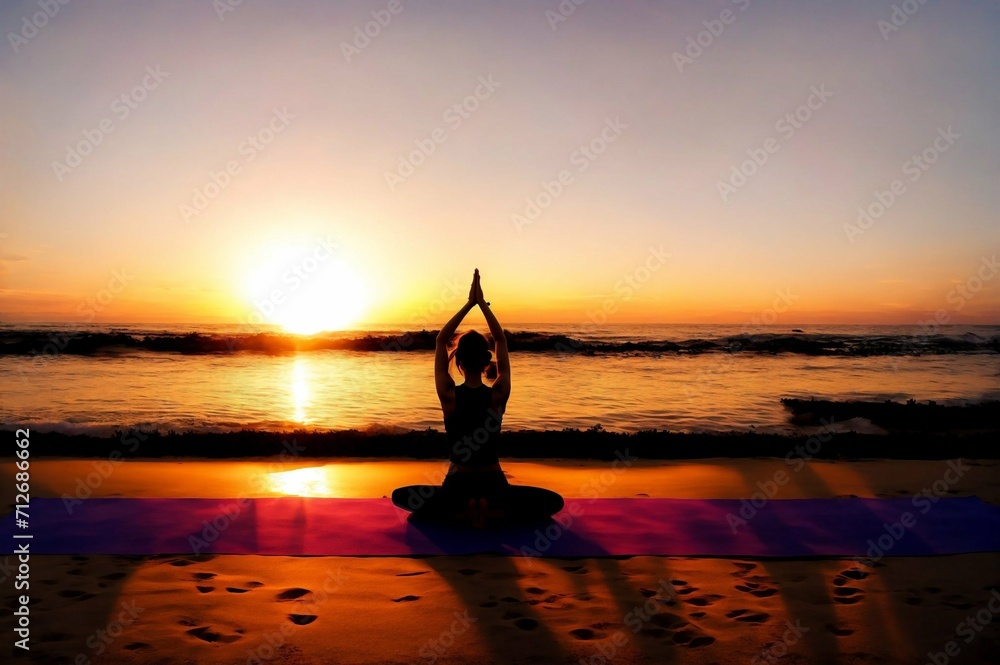 Young woman practicing yoga on the beach at sunrise. Yoga concept.