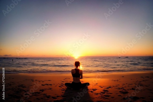 Young woman practicing yoga on the beach at sunrise. Yoga concept.