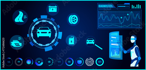 Futuristic car diagnostics panel with robot and data charts. AI technology diagnosing vehicle health. Automotive diagnostics and AI mechanic concept vector illustration.