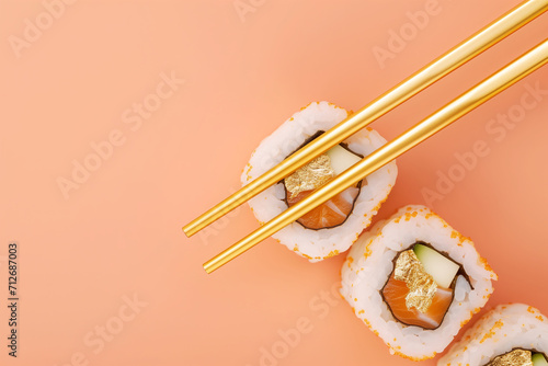 Golden Touch: Exquisite Sushi Roll with Gilded Accents Grasped by Elegant Chopsticks