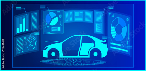 Futuristic car diagnostics with holographic displays and graphs. High-tech vehicle analysis and maintenance concept vector illustration.