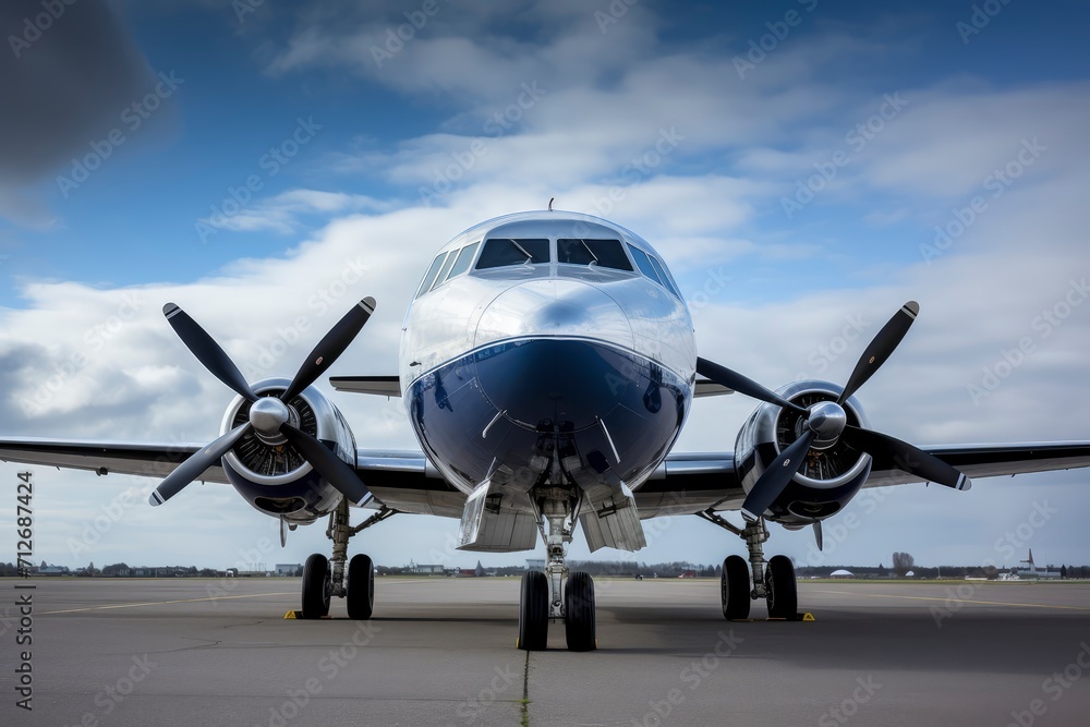 Fototapeta premium Jetliner Parked on Airport Tarmac at Sunset