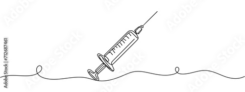 Continuous one line drawing of disposable syringe with needle and medicine in silhouette on a white background. Linear stylized.Minimalist.