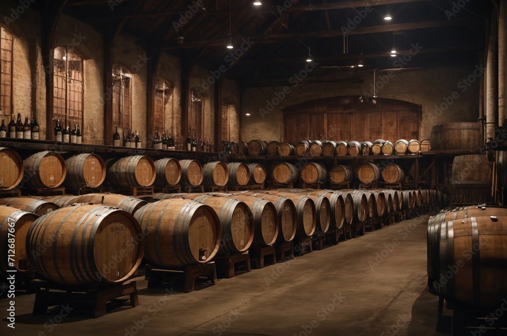 Wine barrels in warehouse