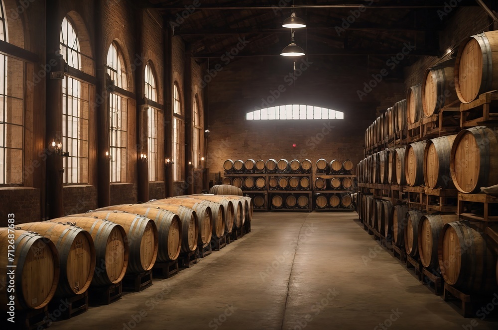 Wine barrels in warehouse