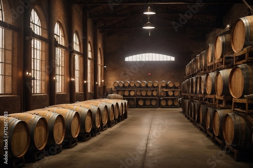 Wine barrels in warehouse